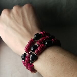 Three Strand Wood Beaded Bracelet With Leaf Clasp